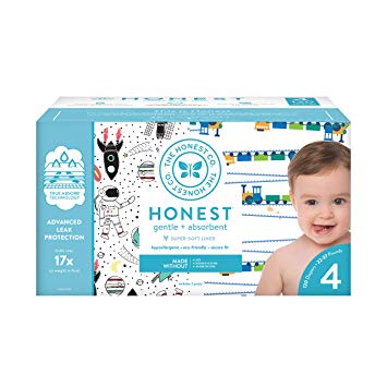 The Honest Company Super Club Box Diapers with TrueAbsorb Technology, Space Travel & Trains, Size 4, 120 Count