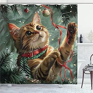 Ambesonne Christmas Shower Curtain, Vintage Vibe Whimsical Kitten Playing with Xmas Trees Lace Ornate, Cloth Fabric Bathroom Decor Set with Hooks, 69" W x 70" L, Hunter Green and Vermilion