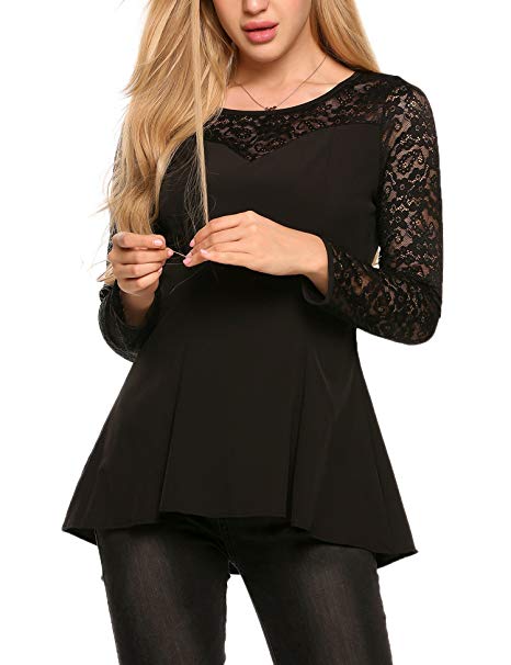 Beyove Womens Comfy Loose Fit Trapeze Lace Join Peplum Blouse