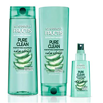 Garnier Hair Care Fructis Pure Clean Shampoo, Conditioner, and Detangler, Made With Aloe and Vitamin E Extract, Vegan and Paraben Free, 1 Kit