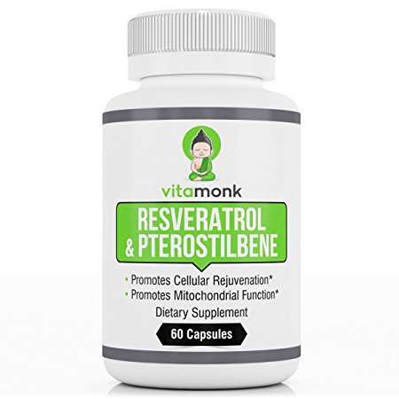 Resveratrol with Pterostilbene by Vitamonk - Best Anti-aging and Antioxidant supplement. Highest Dosed Formula Available - 60 Capsules