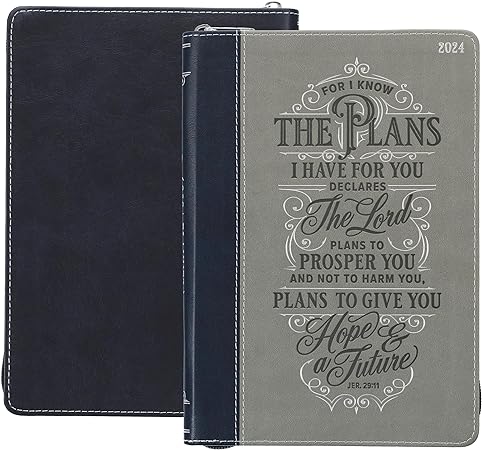 Christian Art Gifts 2024 12 Month Executive Vegan Leather Planner for Men & Women: I Know the Plans - Jeremiah 29:11 Inspirational Bible Verse, Daily Personal Organizer w/Zipper Closure & Ribbon, Charcoal Gray