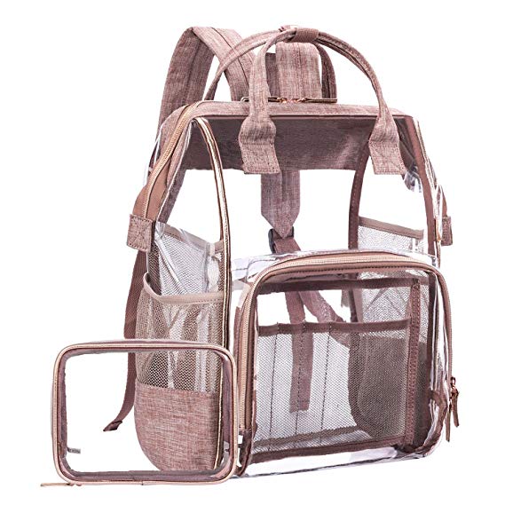 LOKASS Large Clear Backpack Transparent PVC Multi-Pockets School Backpacks/Outdoor Backpack Fit 15.6 Inch Laptop Safety Travel Rucksack with Rose Gold Trim-Adjustable Straps & Mesh Side(Rose Gold)