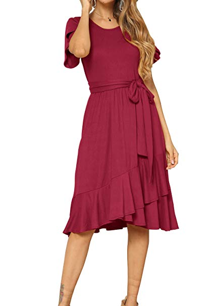 levaca Women's Plain Casual Flowy Short Sleeve Midi Dress with Belt