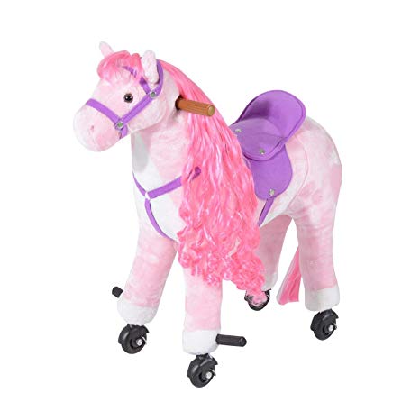 Qaba 30"H Kids Plush Ride On Toy Walking Horse with Wheels and Realistic Sounds - Pink