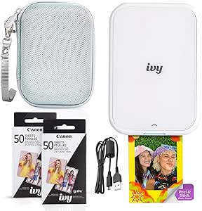 Canon Ivy 2 Mini Photo Printer (Pure White) - Bluetooth, Print from iOS & Android Devices, Bundle Incl. 110 Zink Sticky-Back Prints, LED Light Bar, Protective Case, and USB Cable