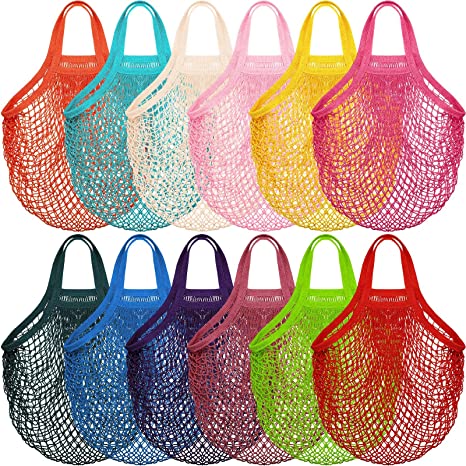12 Pack Reusable Mesh Grocery Bags Large Crochet Market Bag Cotton Kitchen Netted Tote Bag Grocery Shopping Produce Bag Net Beach Bag for Fruit Vegetable Food Storage Organizer, 12 Colors