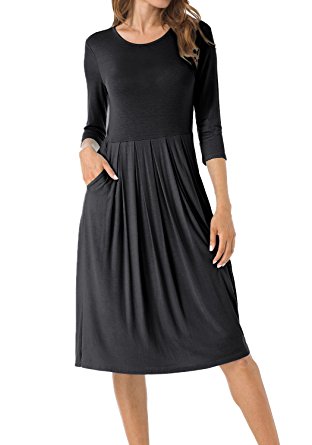 Levaca Women's Scoop Neck Pleated Loose Swing Casual Midi Dress With Pockets