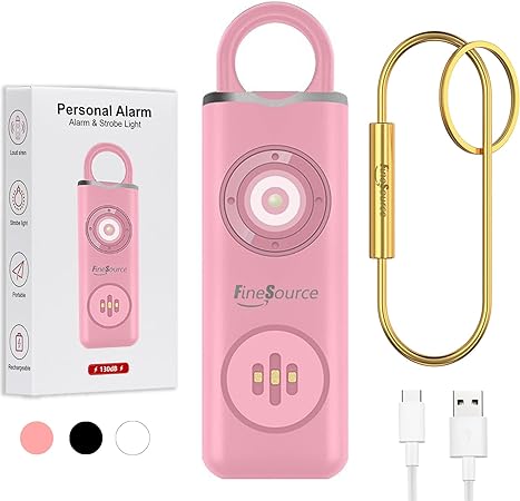 Personal Alarm for Women, Children, Elderly, FineSource USB Rechargeable Safe Alarm 130dB Self Defense Siren Pure Copper Keychains with LED Strobe Light (Pink)