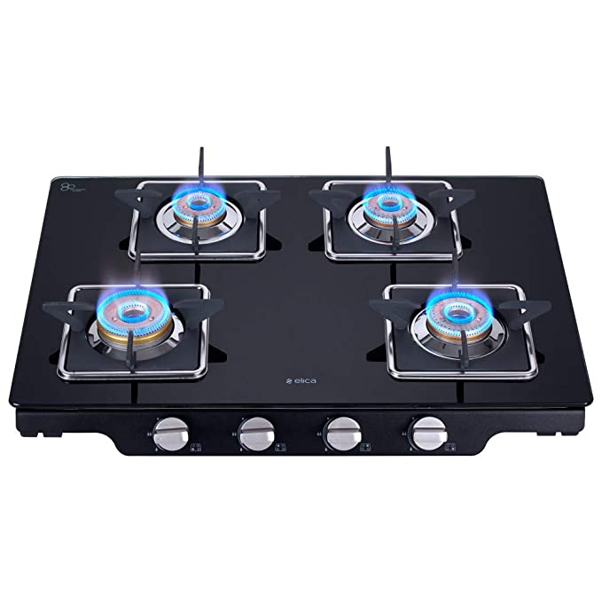 Elica SPF Series Stainless Steel Glass 4 Burner Gas Stove with Square Grid and Forged Brass Burner (Black)