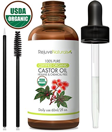 Organic Castor Oil, 2 oz - 100% Pure, Hexane Free, Cold Pressed & USDA Organic by RejuveNaturals | Best Eyelash Growth Serum Treatment For Eyelashes, Eyebrows, Hair, Dry Skin & Face. w/ Applicator Kit