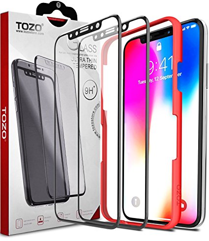 TOZO for iPhone X Screen Protector (2 Packs) Glass [ 3D Full Frame ] Premium Tempered 9H Hardness Super Easy Apply for iPhone 10 work with most case Black Edge