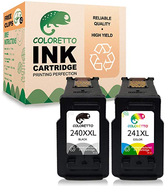 Coloretto Re-Manufactured Printer Ink Cartridge Replacement for Canon PG-240XXL CL-241XL,240XL 240 241 XL for Canon PIXMA MG3620 TS5120 MG2120 MG3520 MX452 MX512 MX532 (1 Black 1 Color)