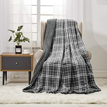 softan Sherpa Fleece Blanket, Super Soft Plush Furry Blanket for Couch Bed Fuzzy Fur Blanket, 50x60 inches, Gray Plaid