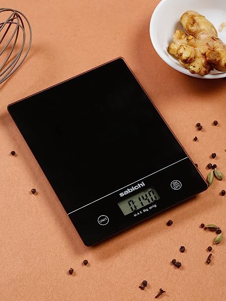 Sabichi Black LCD Digital Kitchen Scale | Portable Weighing Scale with Maximum Capacity 5 Kg | 4mm Glass Body with Unit Conversion for Diet, Health and Fitness