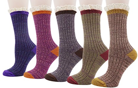 Womens Lady's 5 Pack Crochet Lace Trim Cotton Knit Crew Socks