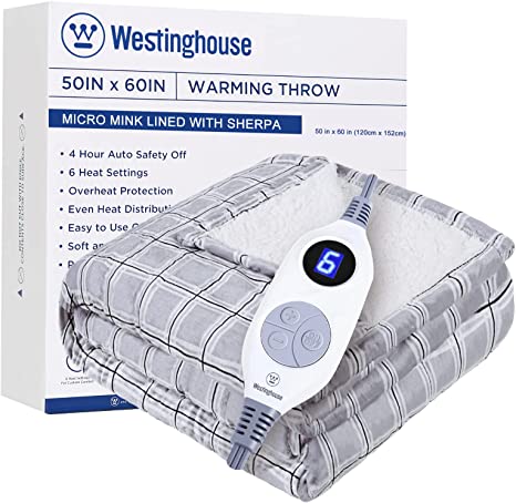 Westinghouse Electric Blanket Heated Throw Blanket, Plaid Sherpa Heating Blanket, 6 Heat Settings & 4 Hours Auto Off, Grey Plaid, 50x60in