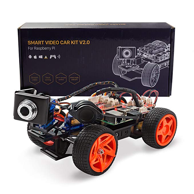 SunFounder Raspberry Pi Smart Video Robot Car Kit V2.0 Electronic Camera Toy, Graphical Visual Programming Language Supported, Remote Control by UI on Windows/Mac and Web Browser, RPi 3 Included