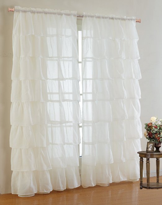 Mk Collection Gypsy Crushed Ruffle Sheer Curtains - 55" Width By 84" Inch Length (cream)