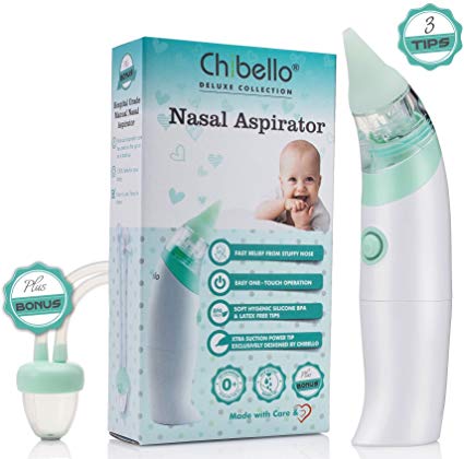 Chibello Baby Nasal Aspirator-Provides Safe Nose Suction and Gently Clears Infant's Mucus. Battery Operated with 3 sizes of Silicone Tips and Manual Snot Booger Sucker and Remover for Newborns, Babies