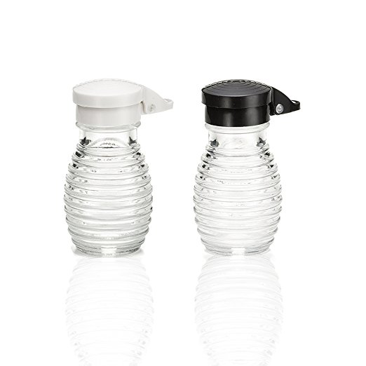 Shake-It-Free Shakers - Tumbler Home Exclusive Moisture Proof Salt & Pepper Shakers, Black & White Lids Spring Loaded, No Clog, 2 Oz, Set of 2
