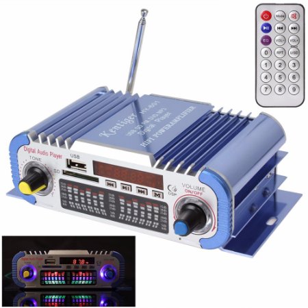 Mini Amplifier, ELEGIANT HiFi Digital FM Super Bass Stereo Audio Amplifier Support USB / SD / MMC card, DC 12V input Blue