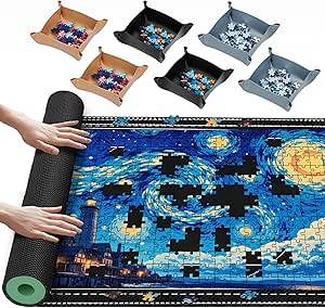 Lwoeo Jigsaw Puzzle Mat Roll Up, Black 53.5” x 34.6” Smooth Top Saver Pad Up to 3000 Pieces，Large Puzzle Matt Rollup with 6 Sorting Trays & 1 Storage Bag for Sorting Table, Board, Frame Puzzle Mats