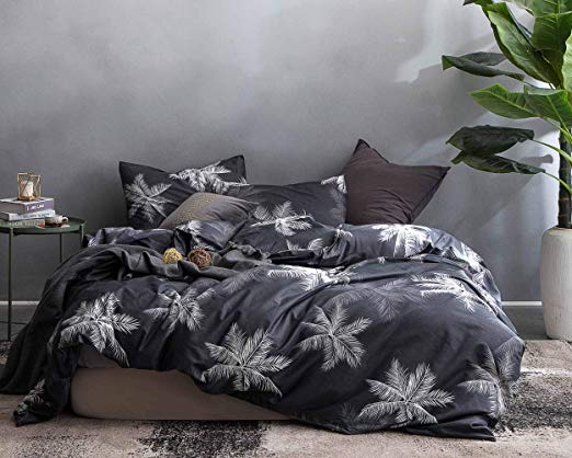 ECOCOTT 3 Pieces Duvet Cover Set King 100% Natural Cotton 1 Duvet Cover 2 Pillowcases, Black with White Palm Leaves Printed Pattern Soft Cozy Luxury Breathable and Durable Bedding Set