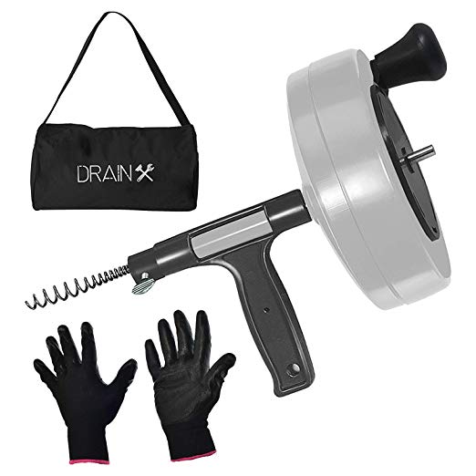 Drainx Power Pro 50-FT Steel Drum Auger Plumbing Snake with Drill Adapter | Heavy Duty Drain Snake Cable with Work Gloves and Storage Bag- White.