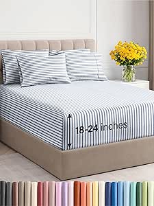 Extra Deep Pocket Queen Sheets - 4 Piece Breathable & Cooling Bed Sheets - Hotel Luxury Bed Sheet Set - Soft, Wrinkle Free & Comfy - Easily Fits Extra Deep Mattresses - Deep Pocket Blue Striped Sheets