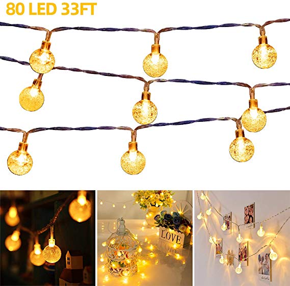 33 FT 80 LED Globe Ball String Lights Fairy String Lights Decor for Indoor Bedroom Curtain Patio Holiday Outdoor Party Wedding Christmas Tree Garden Lawn Landscape Tree with Remote Warm White