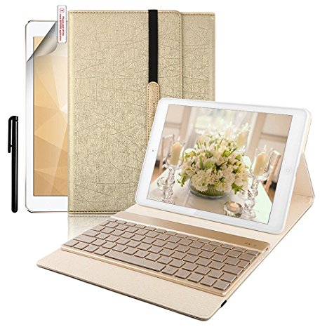 iPad 9.7 Keyboard Case, BoriYuan 7 Colors Backlit Wireless Bluetooth Keyboard with PU Leather Stand Smart Cover for Apple iPad 9.7 2017 with Magnetic Auto Sleep/ Wake Feature (Gold)