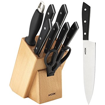 Aicok Professional Knife Block Set, 9-pcs., Stainless Steel, Knife Block With Wooden Block, Black