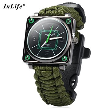 Inlife Paracord Outdoor Watch with Survival Compass Whistle Fire Starter Watchband Bracelet (army green)