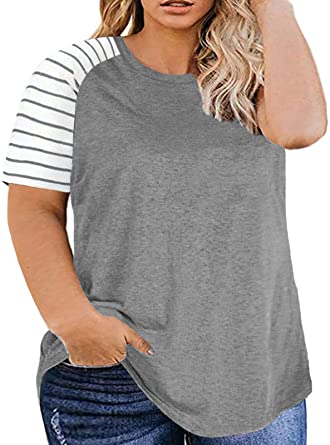 DOLNINE Women's Plus Size Tops Striped Raglan Tee Shirts Casual Tunics Blouses