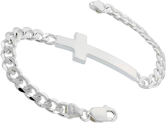 Sterling Silver Large Sideways Cross Bracelet for Men and Women Italy, 7 and 8 inches