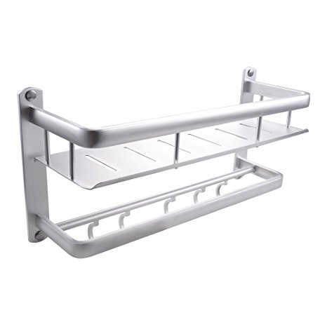 KES 16-Inch Bathroom Shelf with Rail Towel Bar and 5 Hooks Aluminum Heavy Duty Shower Shelving Rectangular Contemporary Style Wall Mount, BSC400S40A