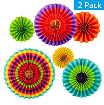 2 set of 6 Vibrant Bright Colors Hanging Paper Fans Rosettes Party Decoration 8" 12" 16" Various Sizes