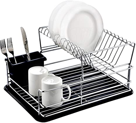 WTAPE Kitchen 2-Tier Chrome Dish Drainer Rack Dish Plate Drying Draining Board Rack with drip Tray for Kitchen.