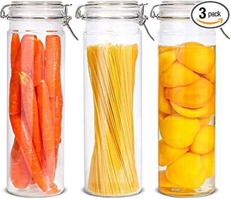 ComSaf Airtight Glass Canister with Lid Set of 3, 75oz Large Food Storage Jar, Tall Spaghetti Container with Seal Wire Clamp Fastening for Kitchen Fermenting Preserving Canning Pasta Flour Cereal