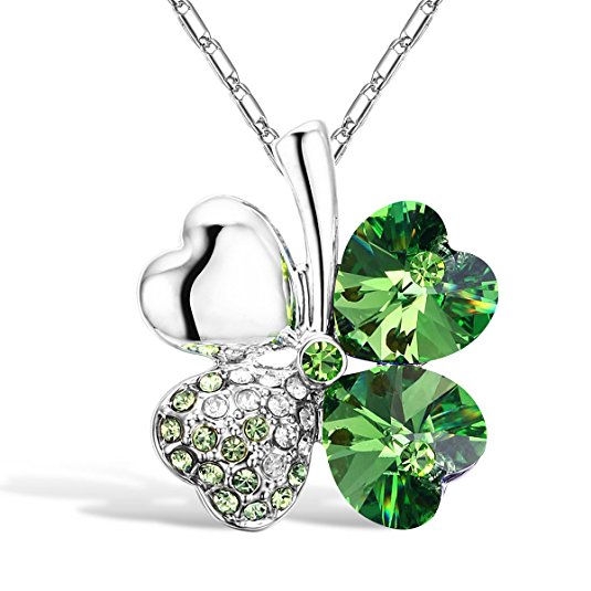 Merdia Four Leaf Clover Heart-shaped Crystal Pendant Necklace 16"   5" Extender