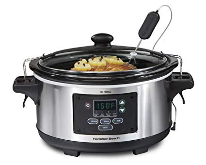 Hamilton Beach Portable 6-Quart Set & Forget Digital Programmable Slow Cooker With Temperature Probe, Lid Lock, Stainless Steel (33969A)