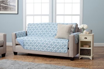 Adalyn Collection Deluxe Reversible Quilted Furniture Protector. Beautiful Print on One Side / Solid Color on the Other for Two Fresh Looks. By Home Fashion Designs. (Sofa, Marine Blue)