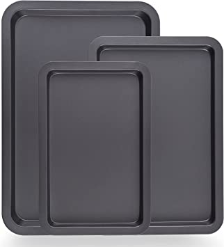 3-Pc. Nonstick Cookie Sheet Pans - PFOAm PFOSm PTFE-Free, Professional Quality Kitchen Cooking Non-Stick Baking Trays w/ Black Coating Inside & Outside