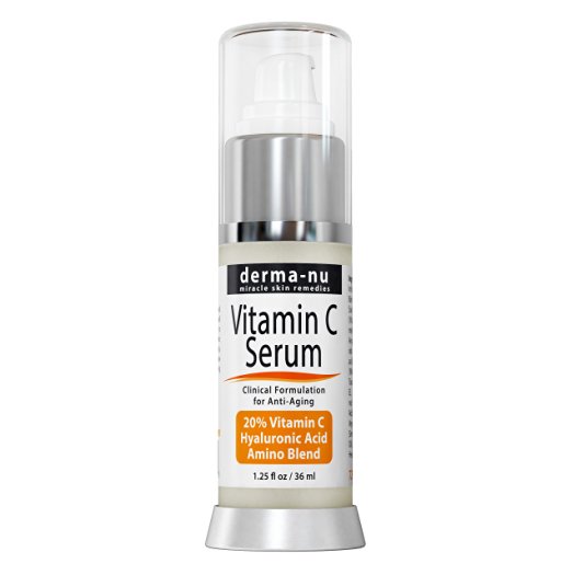 Vitamin C Serum for Face with 20% Vitamin C and Hyaluronic Acid By Derma-nu - Organic Skin Treatment to Repair Sun Damage and Reduce Wrinkles - 1.25oz