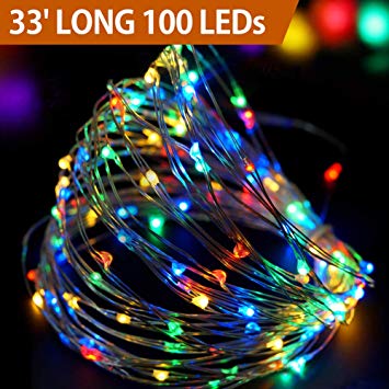 Bright Zeal 33' Long LED Christmas Lights Outdoor Multicolor - LED String Lights Battery Powered with Timer - Waterproof Christmas Tree Lights Multi Color White Wire - Starry String Lights Multicolor