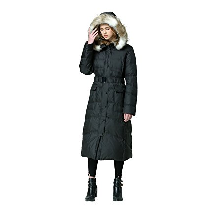 EOVVIO Women's Long Thickened Fur Hooded Down Jacket Coat With Elastic Belt