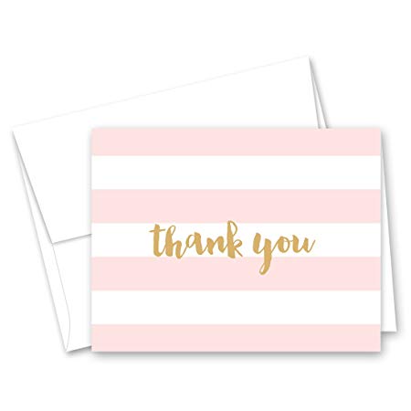 50 Horizontal Stripes Script Thank You Cards (Pink-Gold)