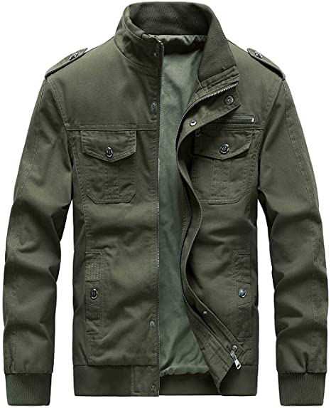 ZooYung Men's Casual Washed Jackets Military Coat With Multi Pockets Zip Front Stand Collar