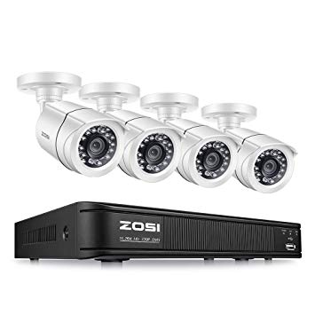 ZOSI 720P 4 Channel Home Surveillance Camera System,1080N Security DVR 4 Channel and (4) 1.0MP 720P(1280TVL) Weatherproof Bullet Camera Outdoor/Indoor (No Hard Drive)